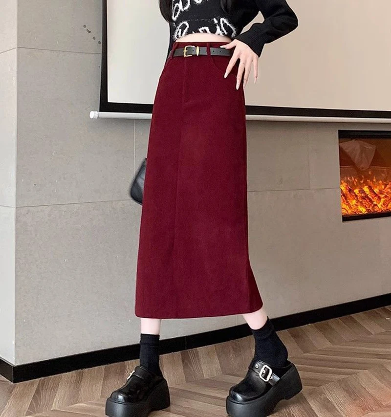 Zoki Retro Belt Red Corduroy Skirts Women High Waist Slim Sweet Midi Skirt Fall Winter Vintage Lady Elegant Slit Korean Skirts