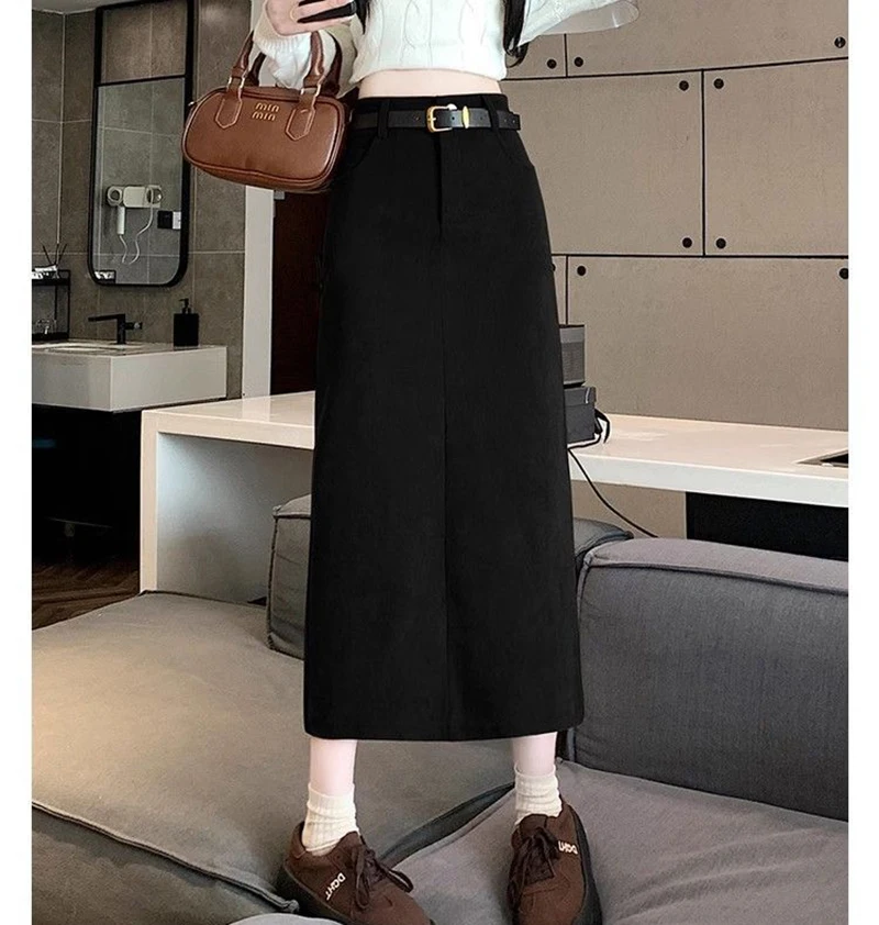 Zoki Retro Belt Red Corduroy Skirts Women High Waist Slim Sweet Midi Skirt Fall Winter Vintage Lady Elegant Slit Korean Skirts