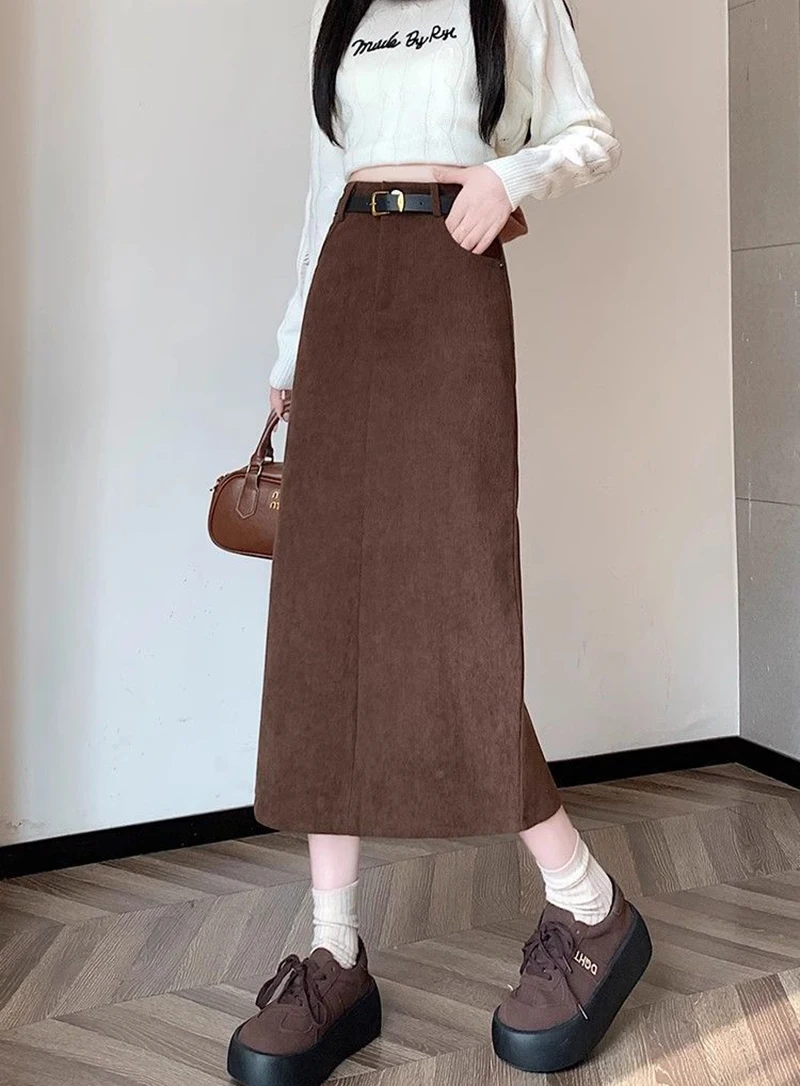 Zoki Retro Belt Red Corduroy Skirts Women High Waist Slim Sweet Midi Skirt Fall Winter Vintage Lady Elegant Slit Korean Skirts