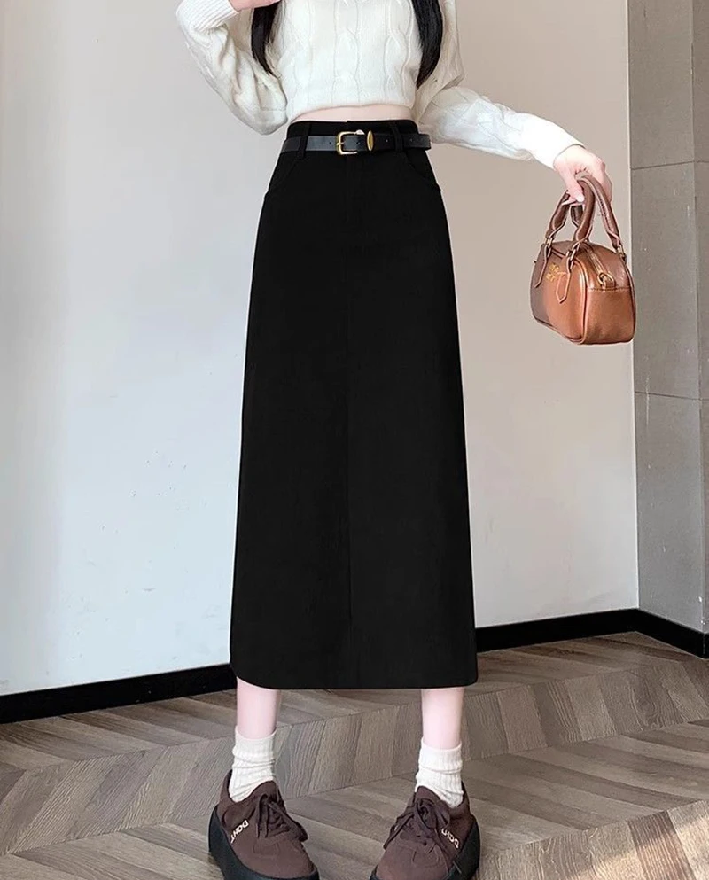 Zoki Retro Belt Red Corduroy Skirts Women High Waist Slim Sweet Midi Skirt Fall Winter Vintage Lady Elegant Slit Korean Skirts
