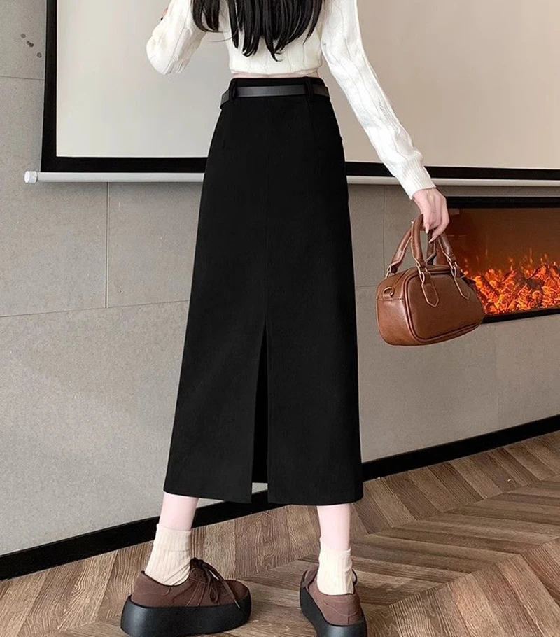 Zoki Retro Belt Red Corduroy Skirts Women High Waist Slim Sweet Midi Skirt Fall Winter Vintage Lady Elegant Slit Korean Skirts