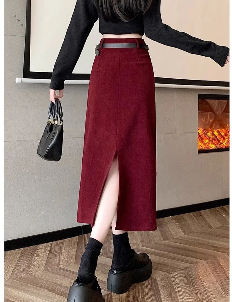Zoki Retro Belt Red Corduroy Skirts Women High Waist Slim Sweet Midi Skirt Fall Winter Vintage Lady Elegant Slit Korean Skirts