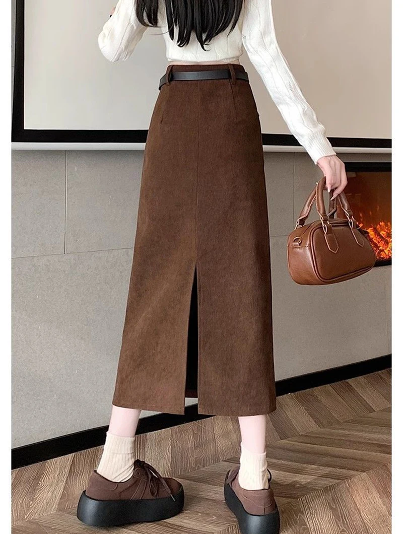 Zoki Retro Belt Red Corduroy Skirts Women High Waist Slim Sweet Midi Skirt Fall Winter Vintage Lady Elegant Slit Korean Skirts