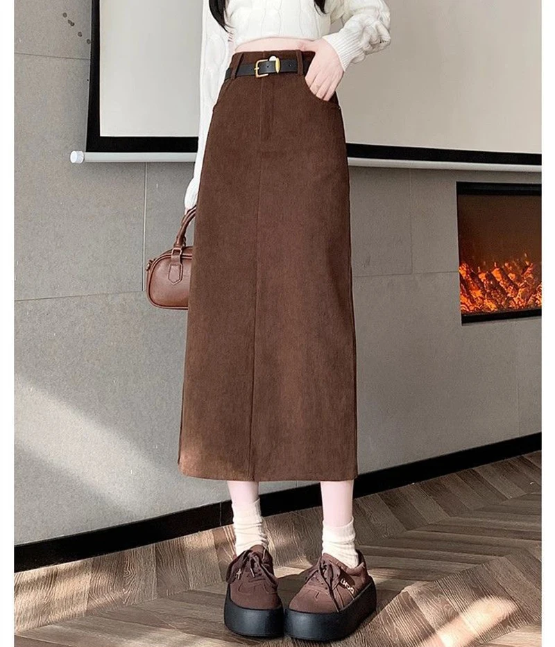 Zoki Retro Belt Red Corduroy Skirts Women High Waist Slim Sweet Midi Skirt Fall Winter Vintage Lady Elegant Slit Korean Skirts