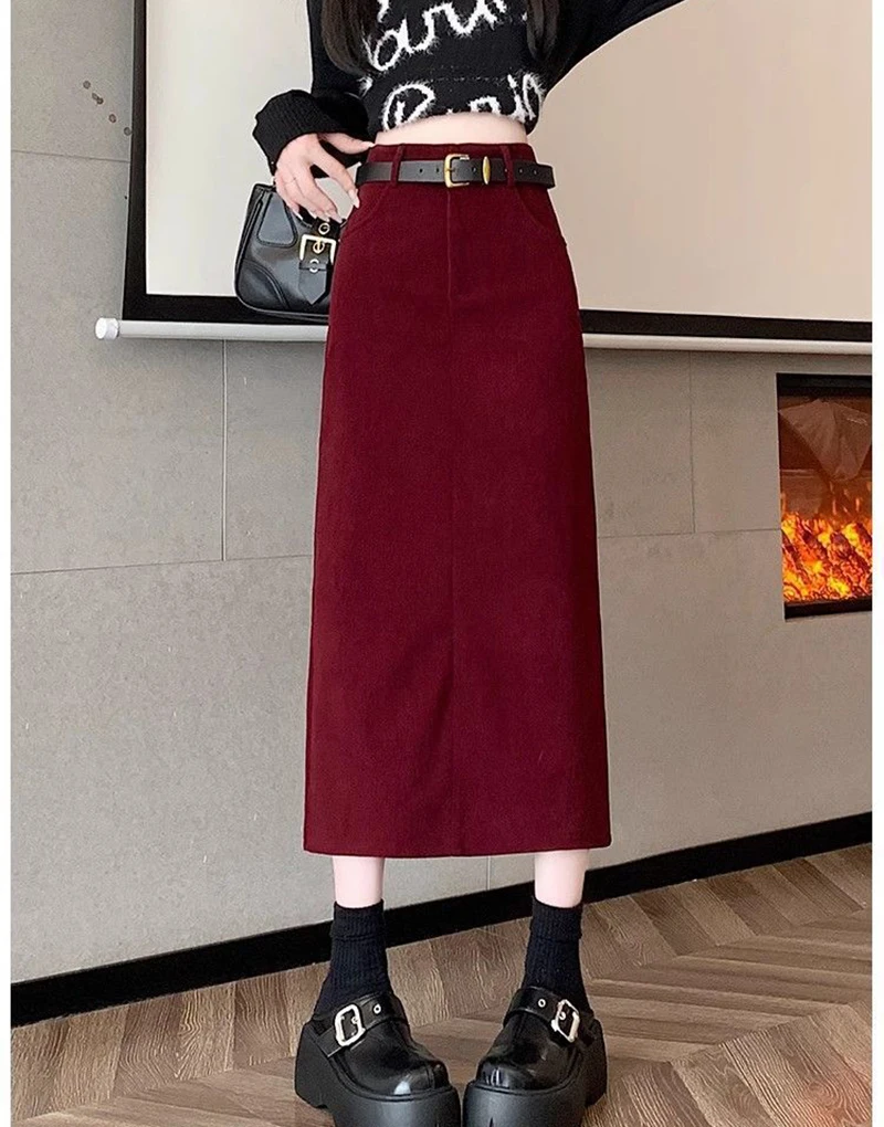 Zoki Retro Belt Red Corduroy Skirts Women High Waist Slim Sweet Midi Skirt Fall Winter Vintage Lady Elegant Slit Korean Skirts