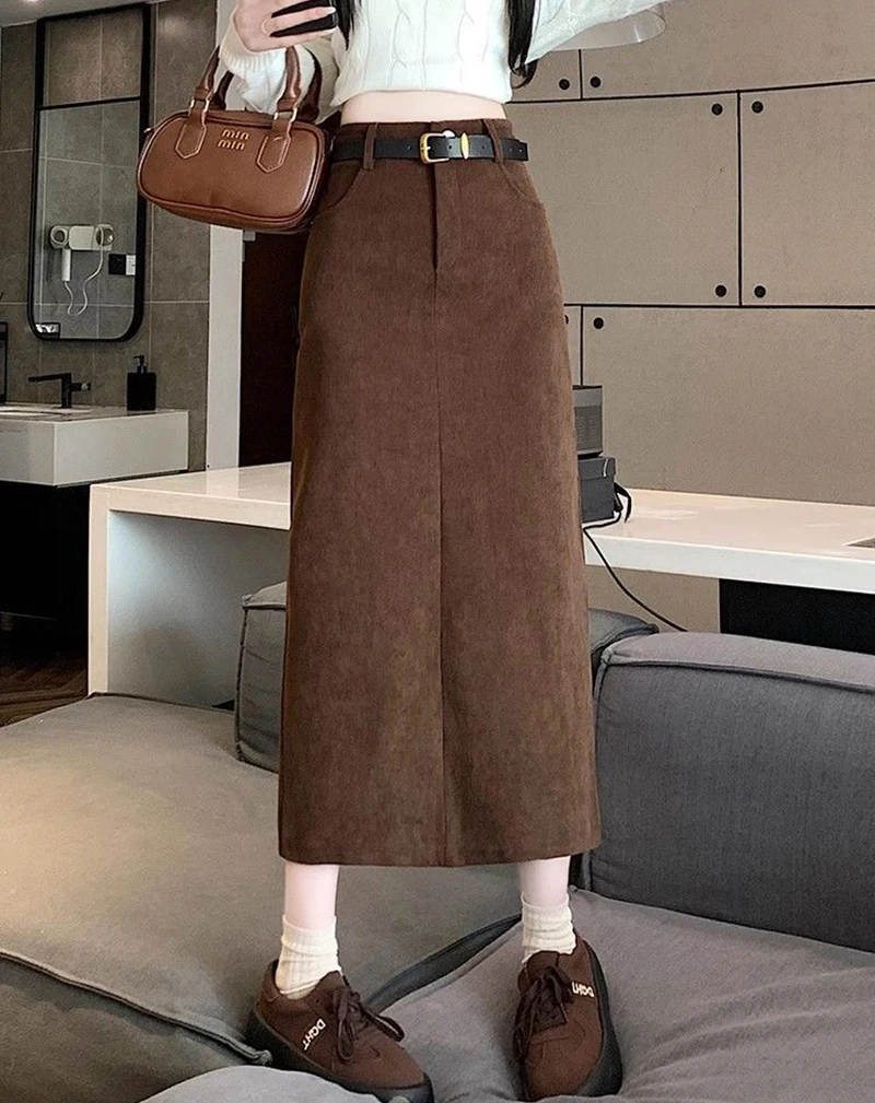 Zoki Retro Belt Red Corduroy Skirts Women High Waist Slim Sweet Midi Skirt Fall Winter Vintage Lady Elegant Slit Korean Skirts
