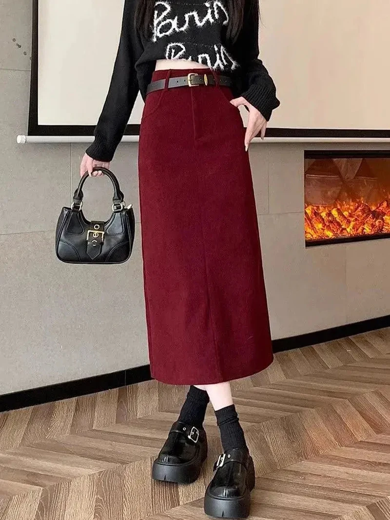 Zoki Retro Belt Red Corduroy Skirts Women High Waist Slim Sweet Midi Skirt Fall Winter Vintage Lady Elegant Slit Korean Skirts