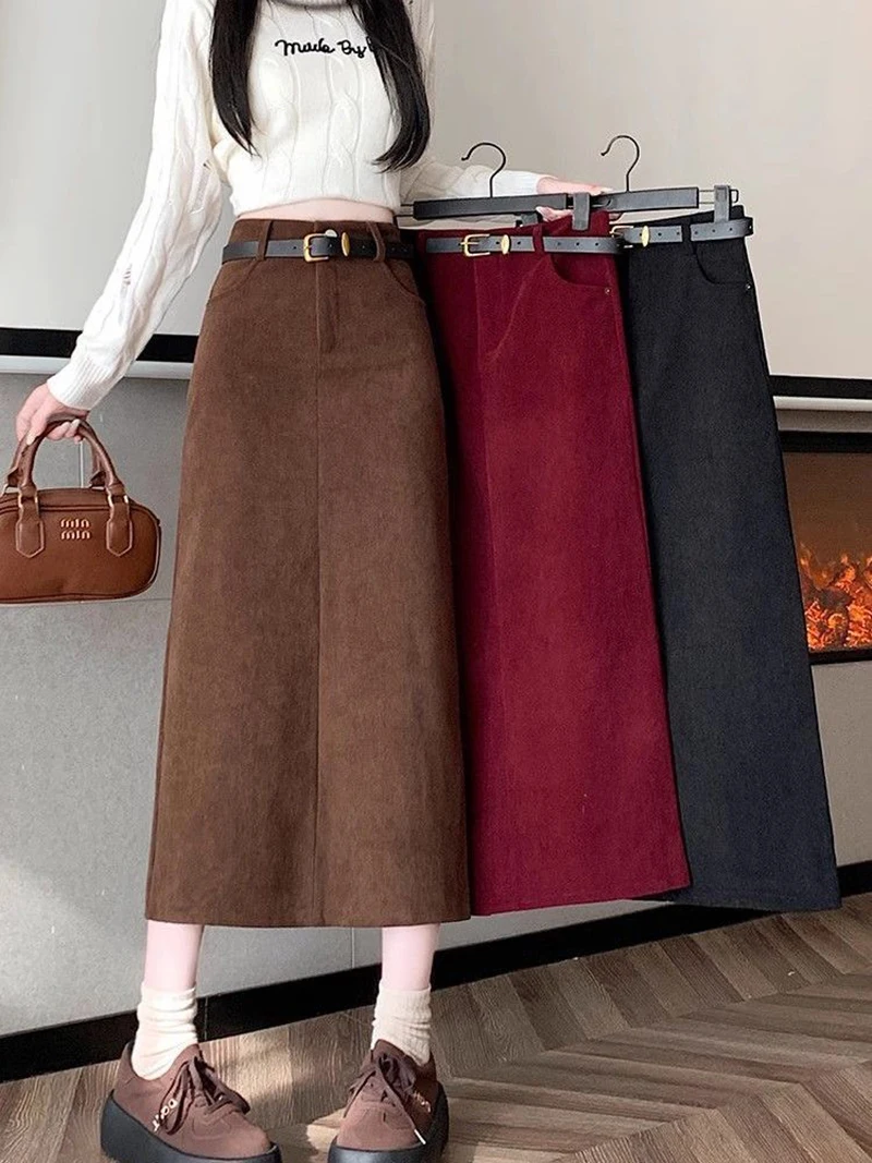 Zoki Retro Belt Red Corduroy Skirts Women High Waist Slim Sweet Midi Skirt Fall Winter Vintage Lady Elegant Slit Korean Skirts