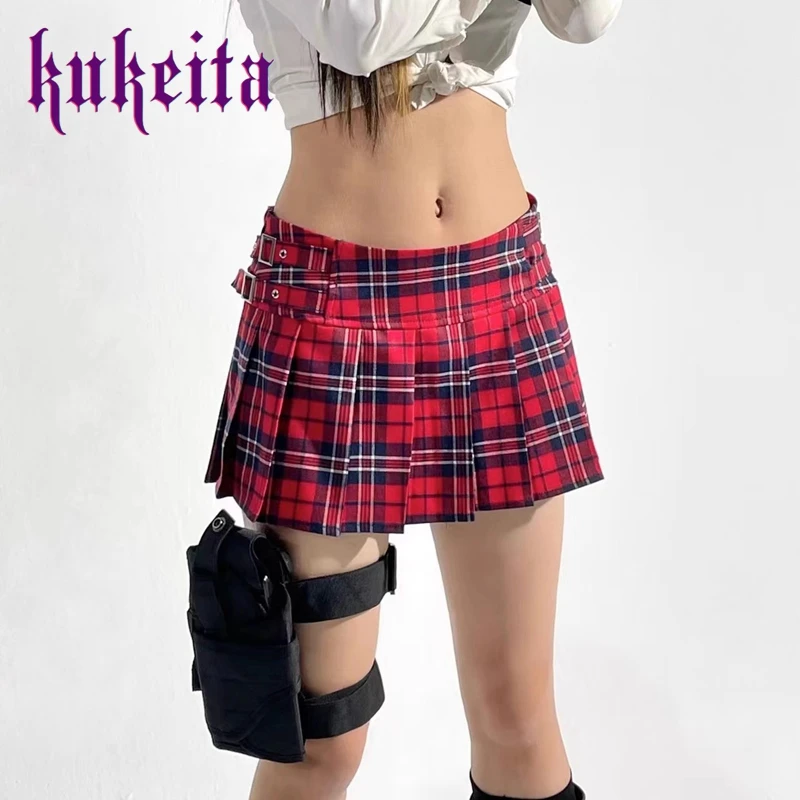 Y2K Cute Sexy Micro Skirt Harajuku Red Green Blue Plaid Pleated Mini Skirt Female Summer Low Waist Preppy Style Shorts Skirt
