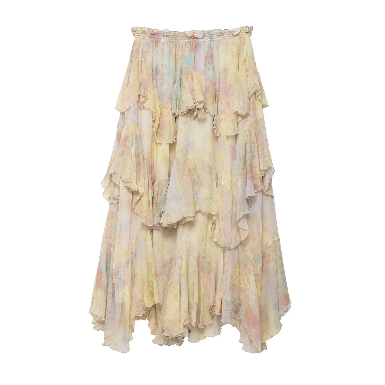 KONDALA Vintage Flower Print Long Skirts High Waist Ruffles Chiffon Skirts Fashion 2025 Autumn Boho Holiday Party Skirts