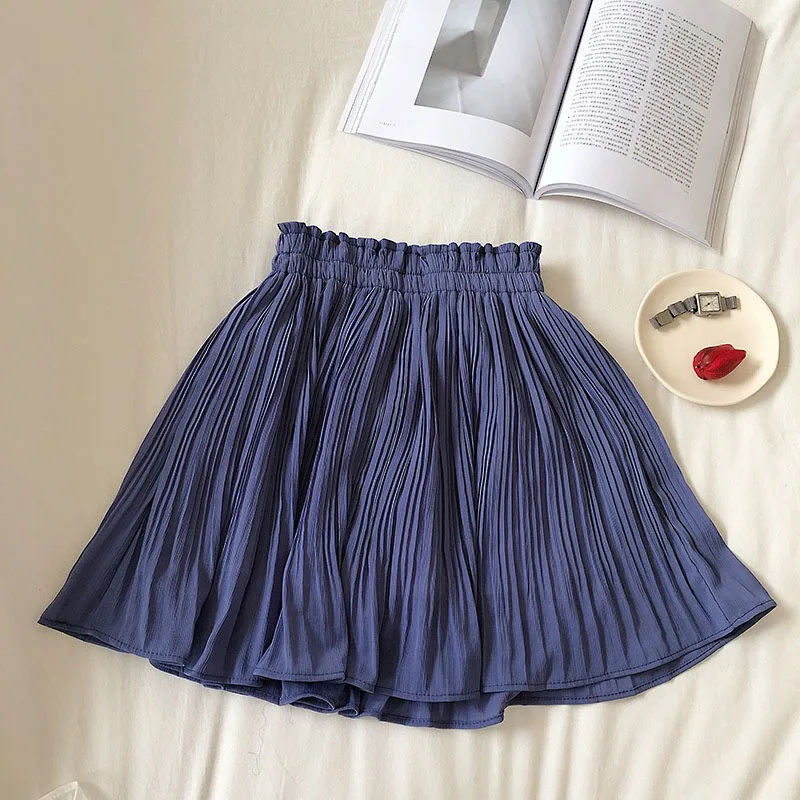 Small Fresh Pure Color Chiffon Short Skirt 2024 Spring and Summer New High-waisted Slimming Pleated Anti-slip Skirt