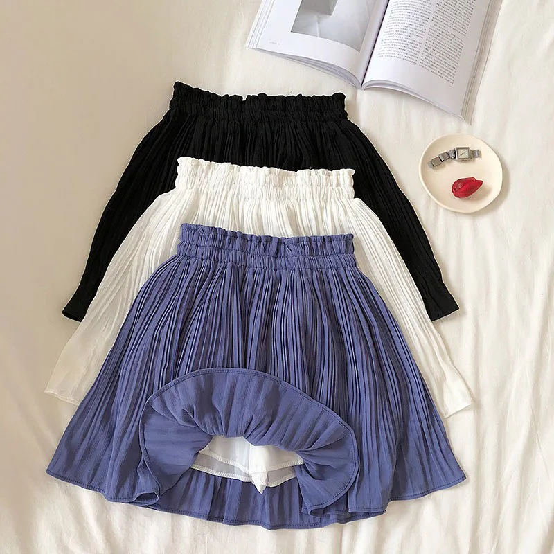 Small Fresh Pure Color Chiffon Short Skirt 2024 Spring and Summer New High-waisted Slimming Pleated Anti-slip Skirt
