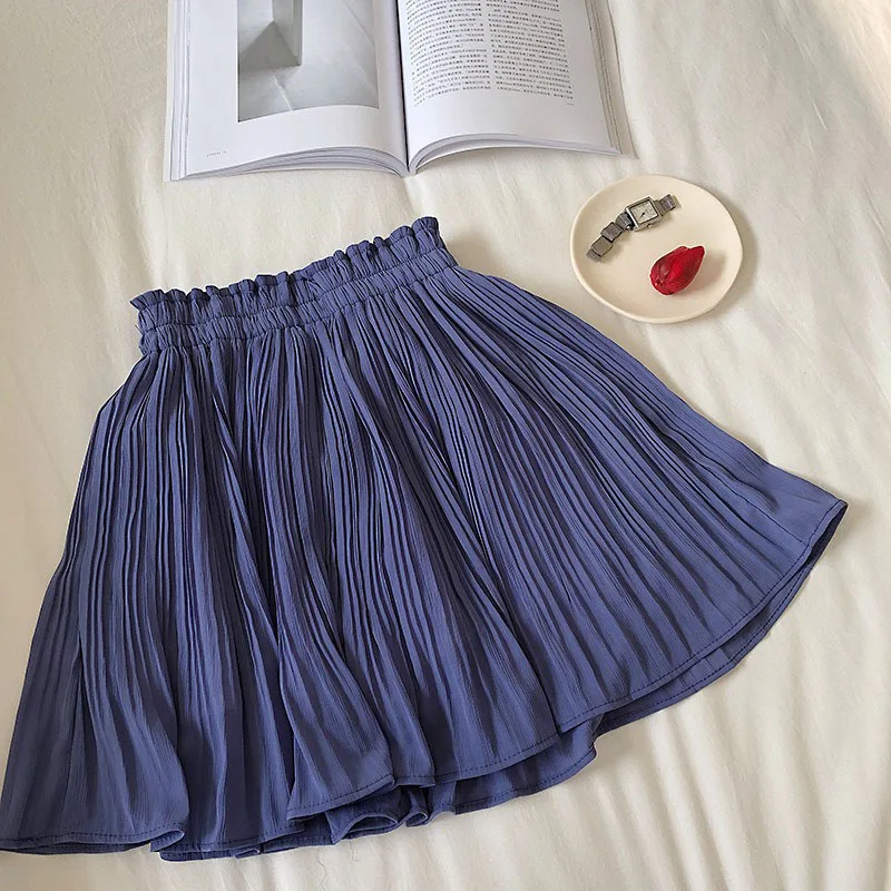 Small Fresh Pure Color Chiffon Short Skirt 2024 Spring and Summer New High-waisted Slimming Pleated Anti-slip Skirt