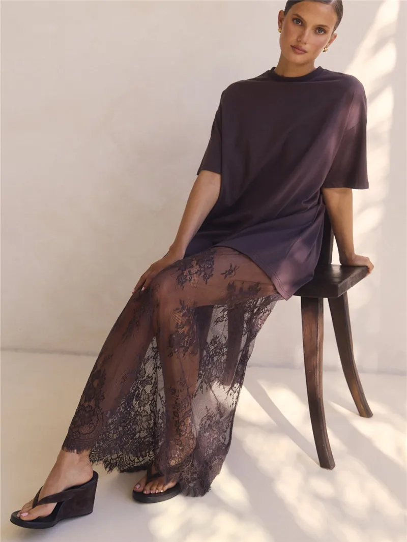 Sheer Lace Patchwork Maxi Dress Fashion Womens Lingerie Long Dress ladies Sleepwear Babydoll Dress Y2K Streetwear