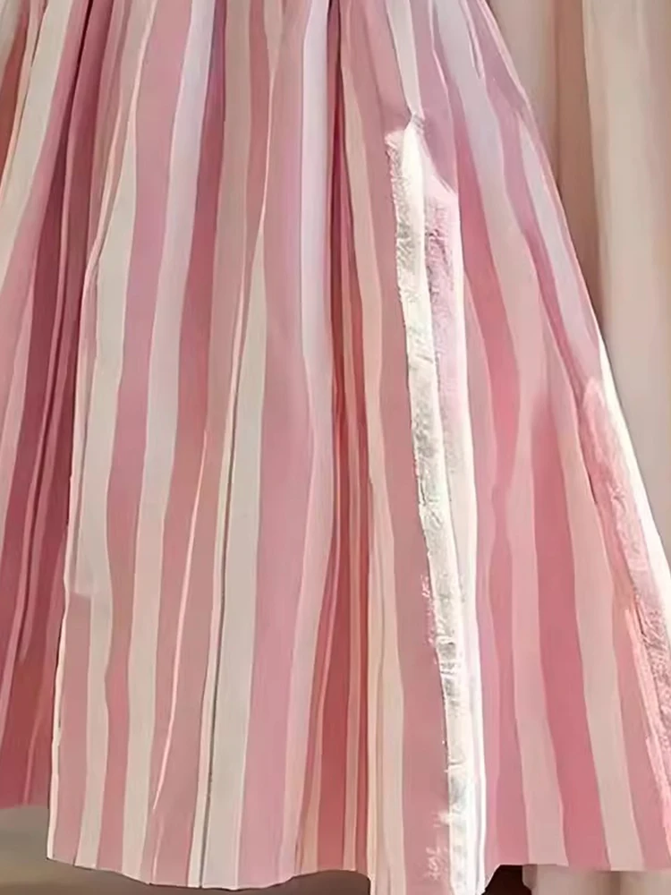 Retro High Waist A-Line Midi Skirt Women's Pink Striped Design Sensation Fashion Commute Sle Regular Thickness Summer...