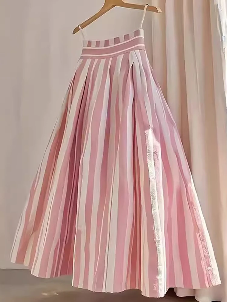 Retro High Waist A-Line Midi Skirt Women's Pink Striped Design Sensation Fashion Commute Sle Regular Thickness Summer...