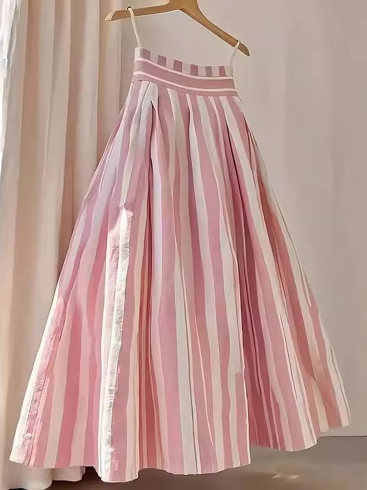 Retro High Waist A-Line Midi Skirt Women's Pink Striped Design Sensation Fashion Commute Sle Regular Thickness Summer...