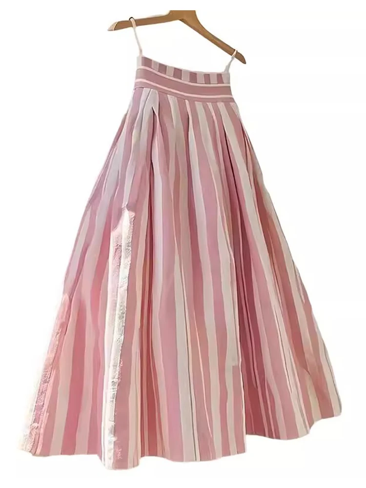 Retro High Waist A-Line Midi Skirt Women's Pink Striped Design Sensation Fashion Commute Sle Regular Thickness Summer...