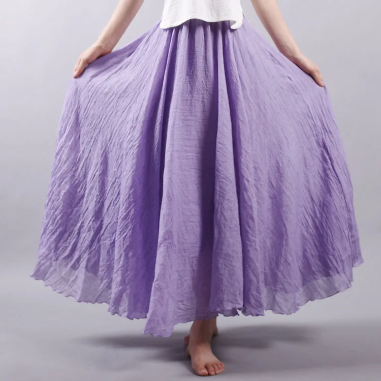 Women's Elegant High Waist Linen Maxi Skirt 2023 Summer Ladies Casual Elastic Waist 2 Layers Skirts Saia Feminina