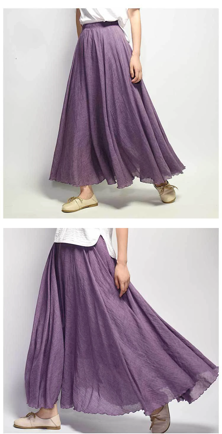 Women's Elegant High Waist Linen Maxi Skirt 2023 Summer Ladies Casual Elastic Waist 2 Layers Skirts Saia Feminina