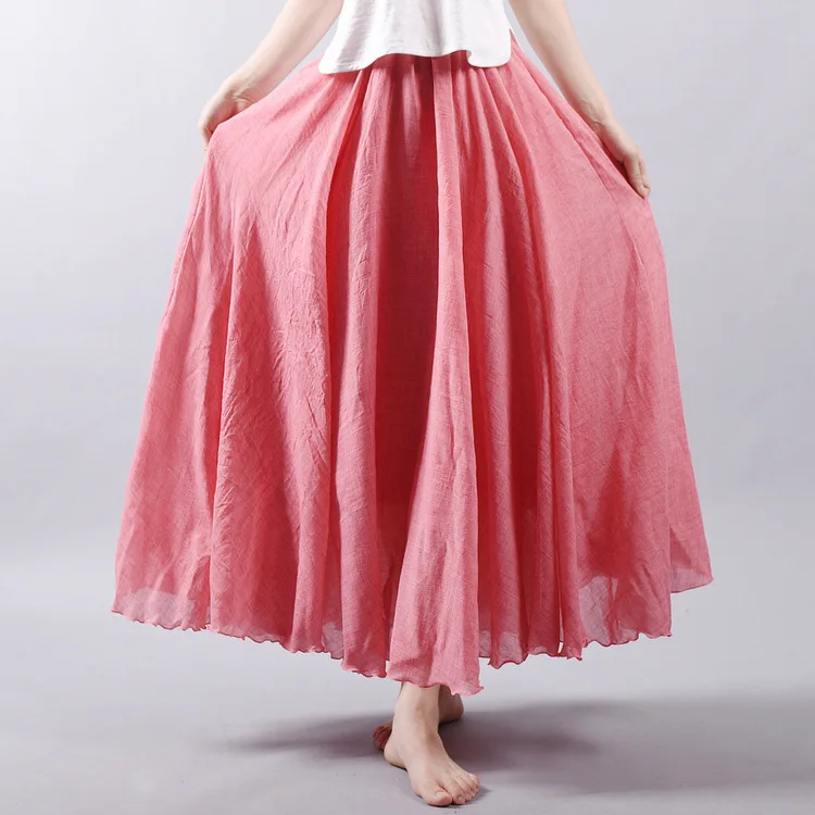 Women's Elegant High Waist Linen Maxi Skirt 2023 Summer Ladies Casual Elastic Waist 2 Layers Skirts Saia Feminina