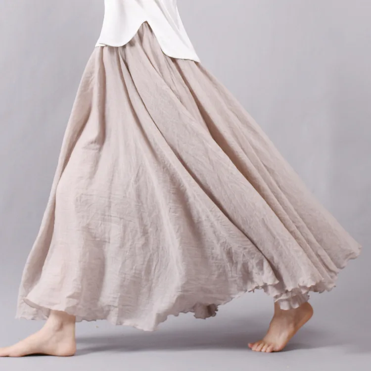 Women's Elegant High Waist Linen Maxi Skirt 2023 Summer Ladies Casual Elastic Waist 2 Layers Skirts Saia Feminina