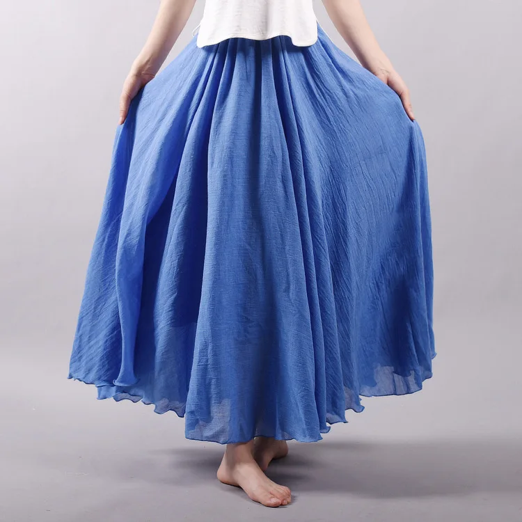 Women's Elegant High Waist Linen Maxi Skirt 2023 Summer Ladies Casual Elastic Waist 2 Layers Skirts Saia Feminina