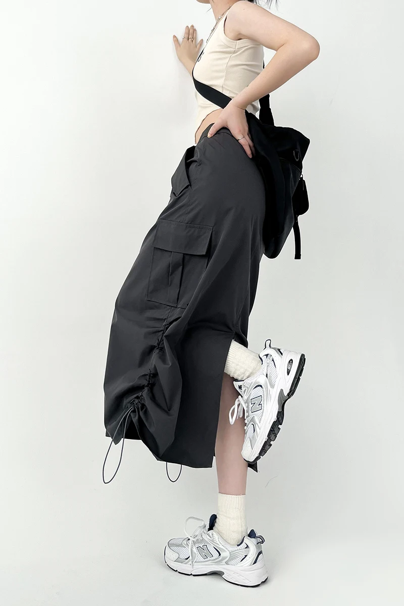Y2K Women Retro Cargo Skirt American Pockets Bandage Slit Female High Waist Skirt Summer Streetwear All Match Ladies Mid Skirt