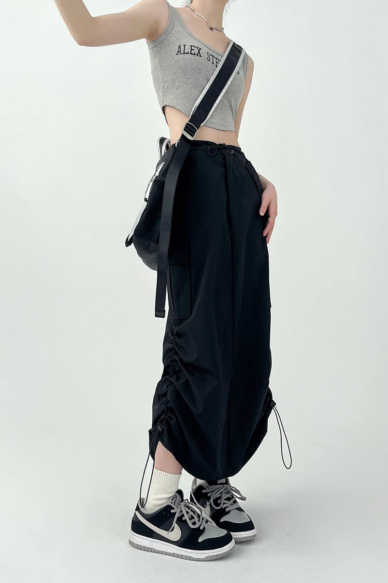 Y2K Women Retro Cargo Skirt American Pockets Bandage Slit Female High Waist Skirt Summer Streetwear All Match Ladies Mid Skirt