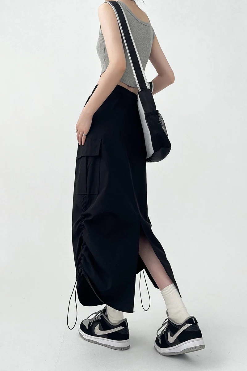 Y2K Women Retro Cargo Skirt American Pockets Bandage Slit Female High Waist Skirt Summer Streetwear All Match Ladies Mid Skirt