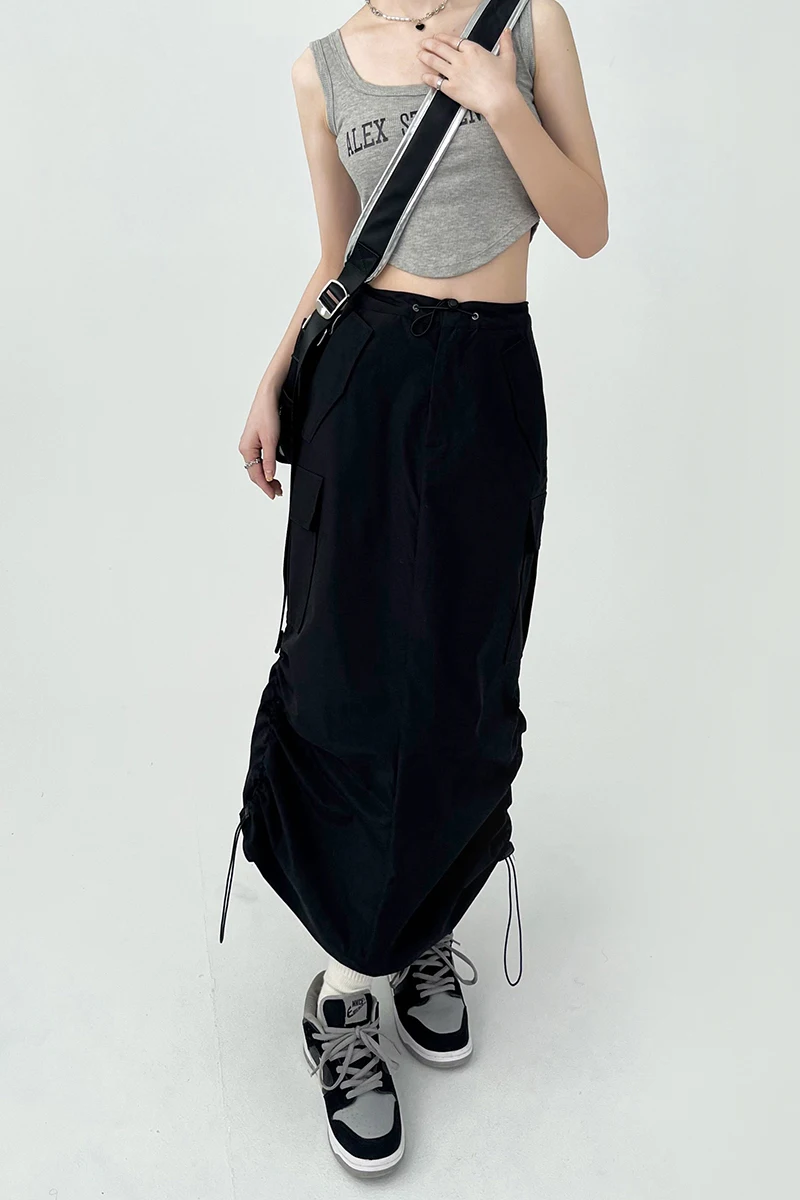 Y2K Women Retro Cargo Skirt American Pockets Bandage Slit Female High Waist Skirt Summer Streetwear All Match Ladies Mid Skirt
