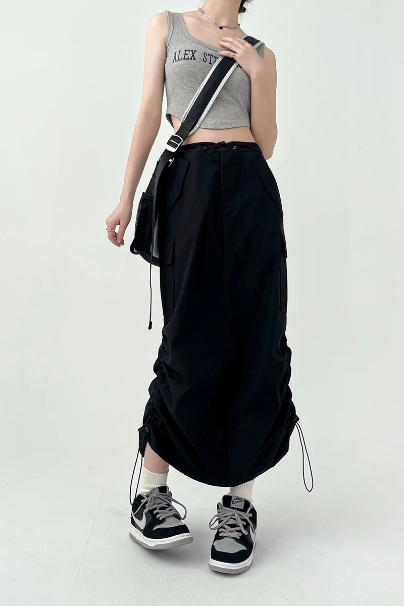 Y2K Women Retro Cargo Skirt American Pockets Bandage Slit Female High Waist Skirt Summer Streetwear All Match Ladies Mid Skirt