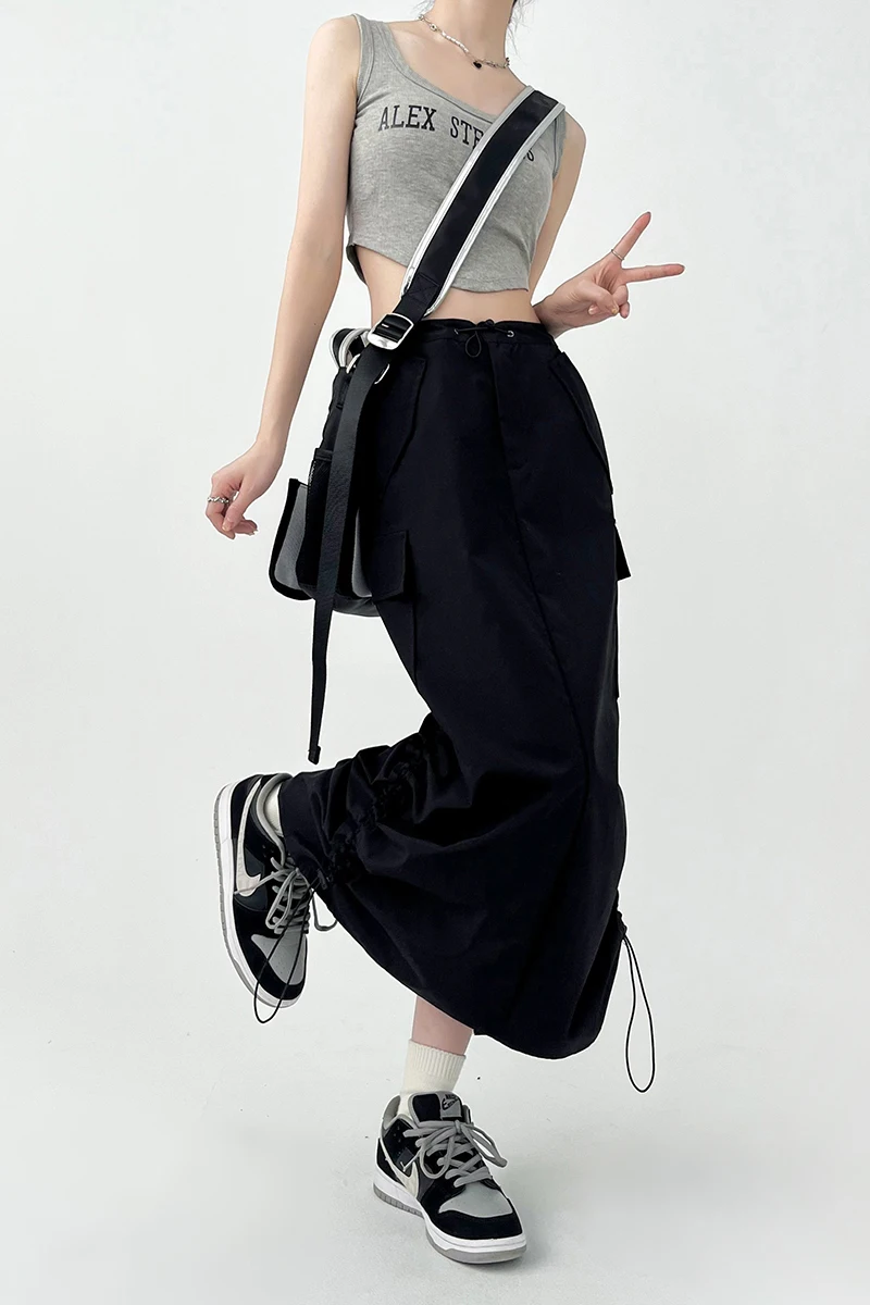 Y2K Women Retro Cargo Skirt American Pockets Bandage Slit Female High Waist Skirt Summer Streetwear All Match Ladies Mid Skirt