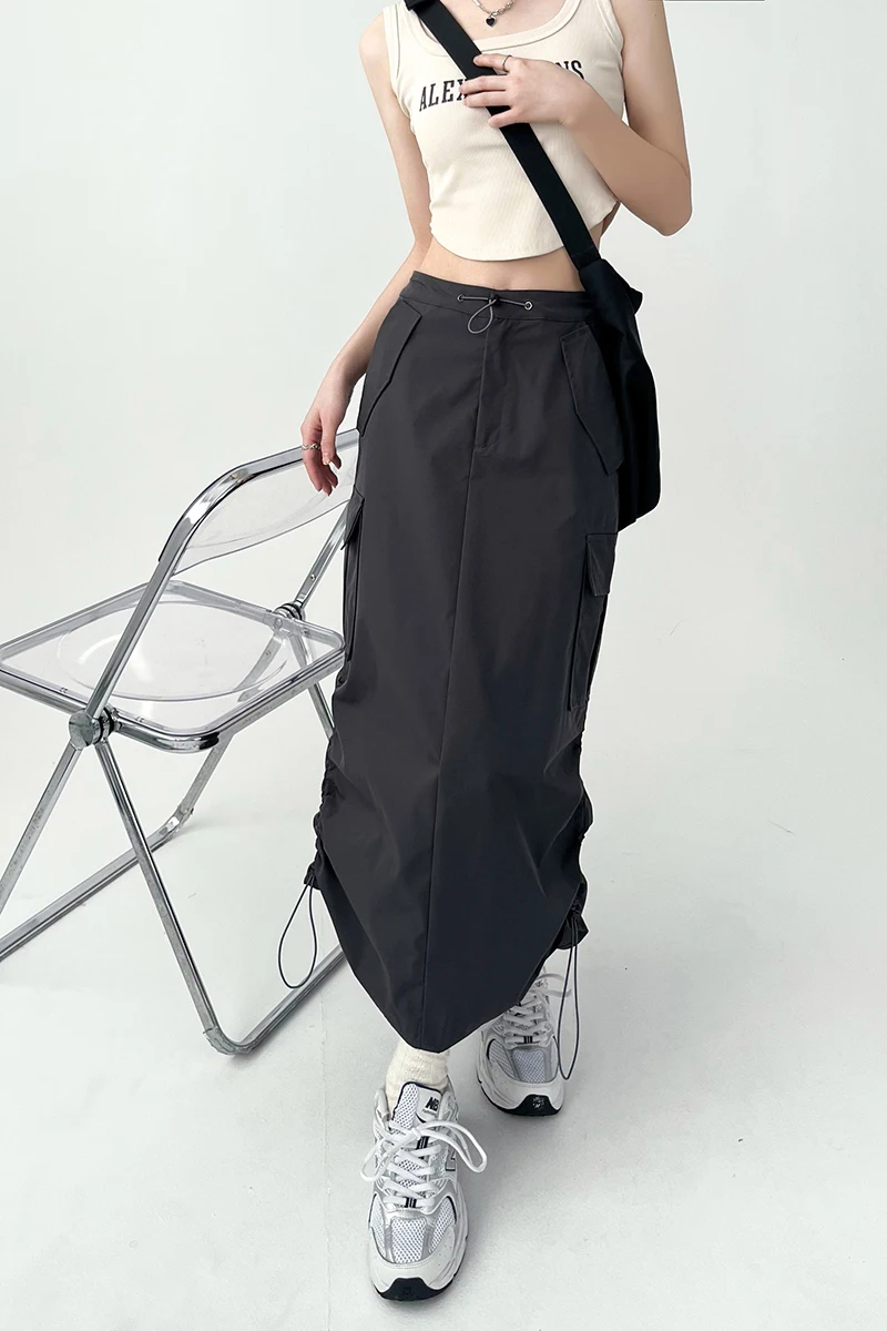Y2K Women Retro Cargo Skirt American Pockets Bandage Slit Female High Waist Skirt Summer Streetwear All Match Ladies Mid Skirt