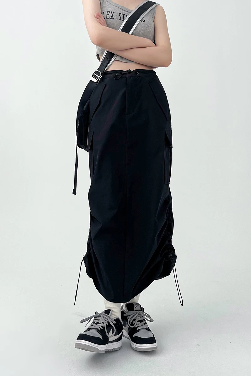 Y2K Women Retro Cargo Skirt American Pockets Bandage Slit Female High Waist Skirt Summer Streetwear All Match Ladies Mid Skirt