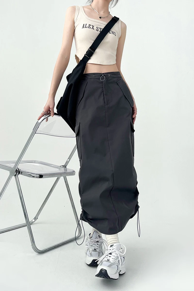 Y2K Women Retro Cargo Skirt American Pockets Bandage Slit Female High Waist Skirt Summer Streetwear All Match Ladies Mid Skirt