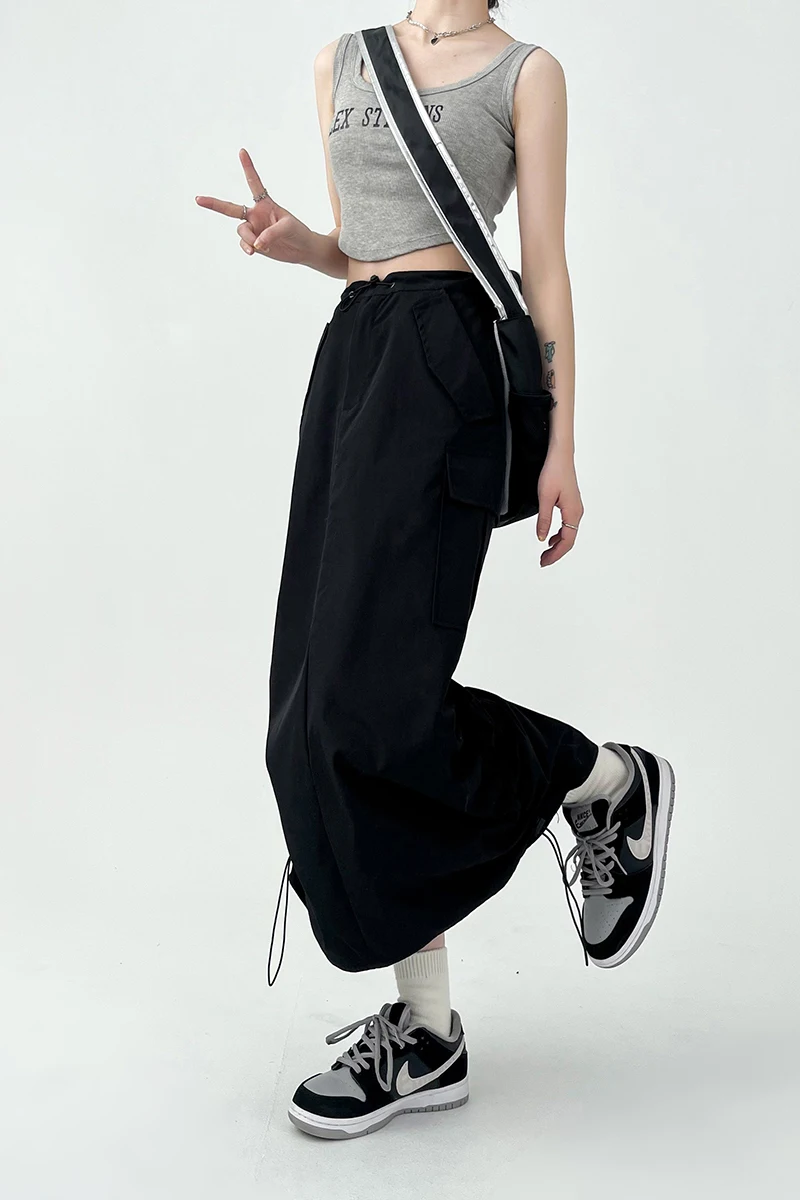 Y2K Women Retro Cargo Skirt American Pockets Bandage Slit Female High Waist Skirt Summer Streetwear All Match Ladies Mid Skirt
