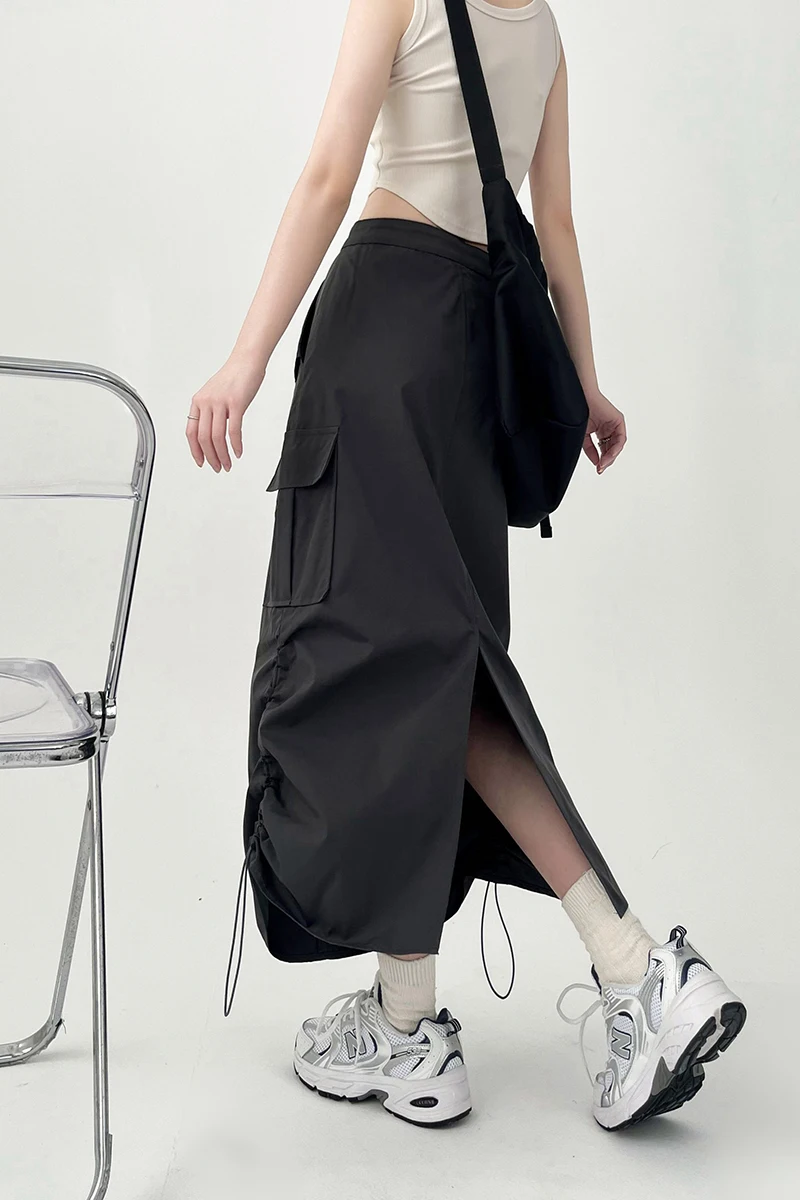 Y2K Women Retro Cargo Skirt American Pockets Bandage Slit Female High Waist Skirt Summer Streetwear All Match Ladies Mid Skirt
