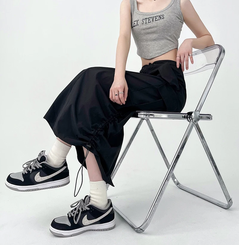 Y2K Women Retro Cargo Skirt American Pockets Bandage Slit Female High Waist Skirt Summer Streetwear All Match Ladies Mid Skirt