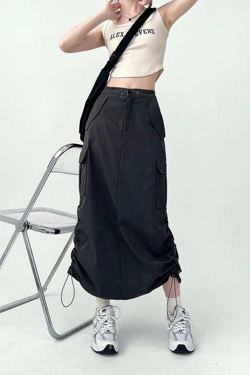 Y2K Women Retro Cargo Skirt American Pockets Bandage Slit Female High Waist Skirt Summer Streetwear All Match Ladies Mid Skirt