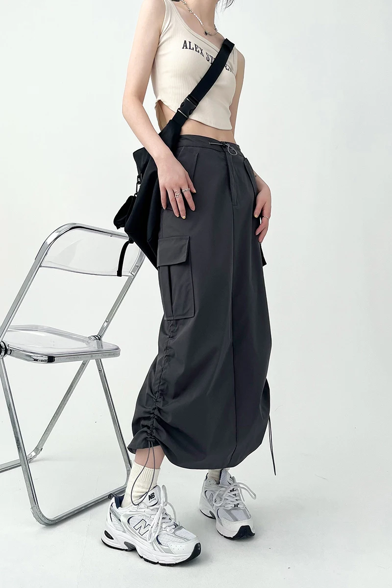 Y2K Women Retro Cargo Skirt American Pockets Bandage Slit Female High Waist Skirt Summer Streetwear All Match Ladies Mid Skirt