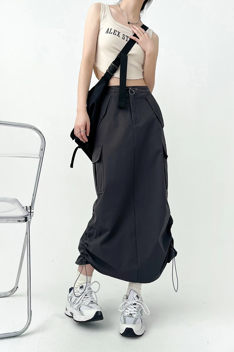 Y2K Women Retro Cargo Skirt American Pockets Bandage Slit Female High Waist Skirt Summer Streetwear All Match Ladies Mid Skirt