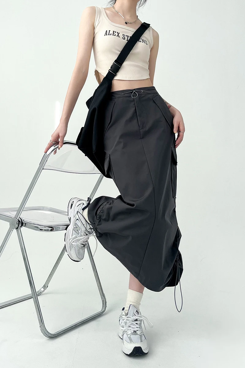 Y2K Women Retro Cargo Skirt American Pockets Bandage Slit Female High Waist Skirt Summer Streetwear All Match Ladies Mid Skirt