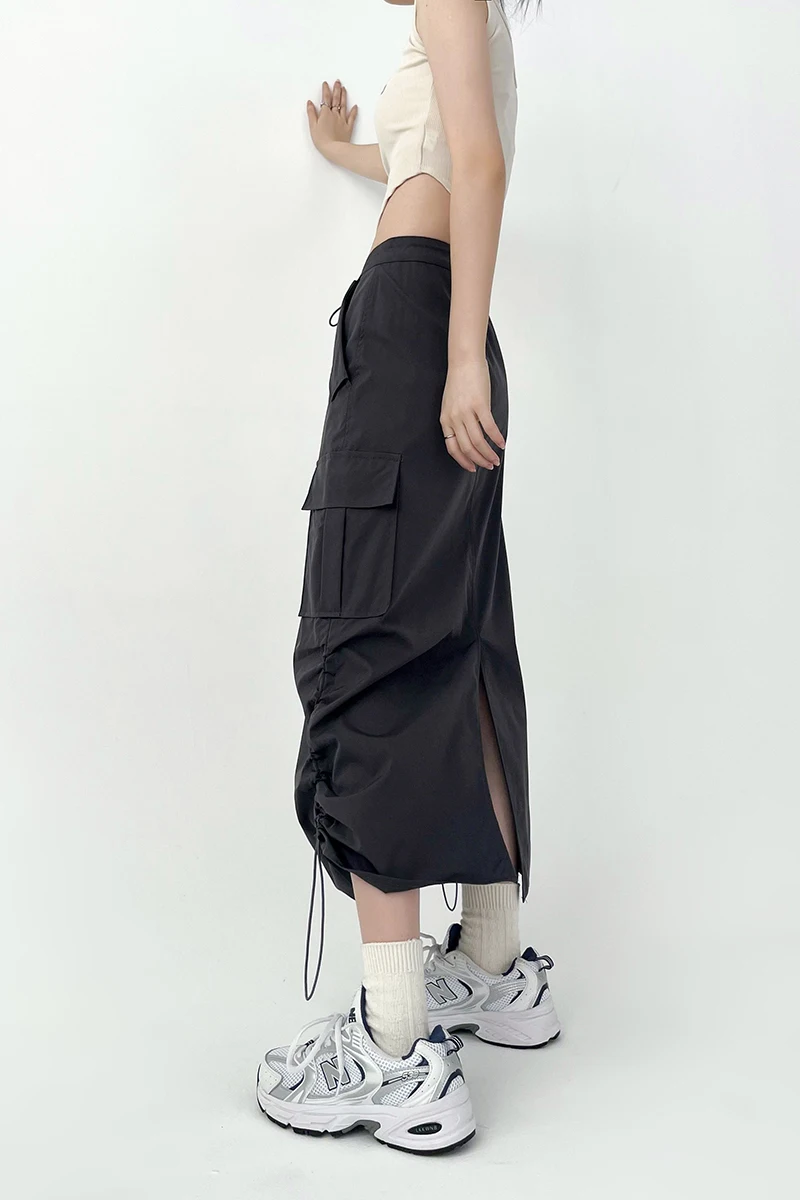 Y2K Women Retro Cargo Skirt American Pockets Bandage Slit Female High Waist Skirt Summer Streetwear All Match Ladies Mid Skirt