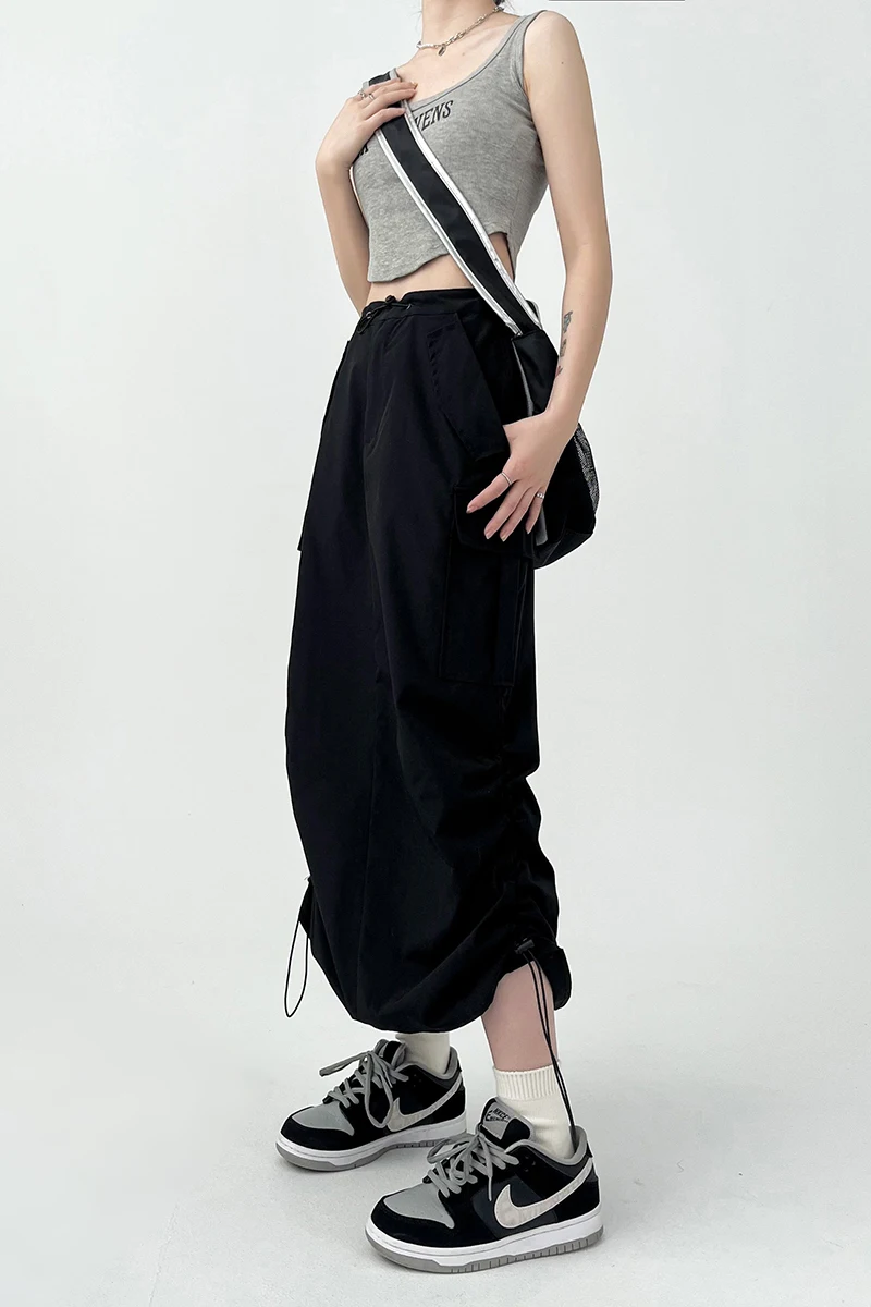 Y2K Women Retro Cargo Skirt American Pockets Bandage Slit Female High Waist Skirt Summer Streetwear All Match Ladies Mid Skirt