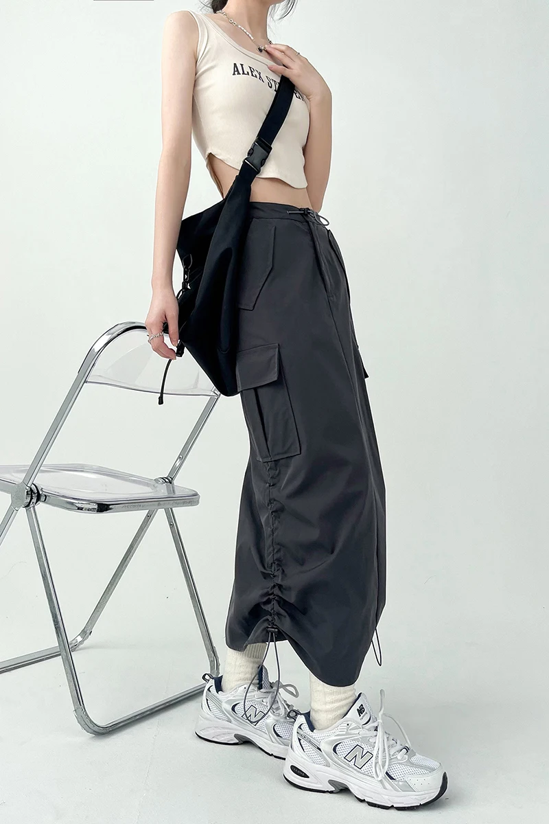 Y2K Women Retro Cargo Skirt American Pockets Bandage Slit Female High Waist Skirt Summer Streetwear All Match Ladies Mid Skirt
