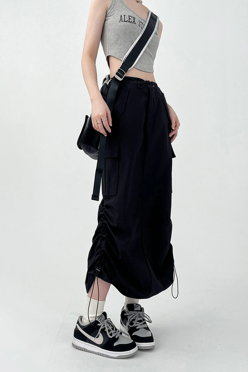 Y2K Women Retro Cargo Skirt American Pockets Bandage Slit Female High Waist Skirt Summer Streetwear All Match Ladies Mid Skirt