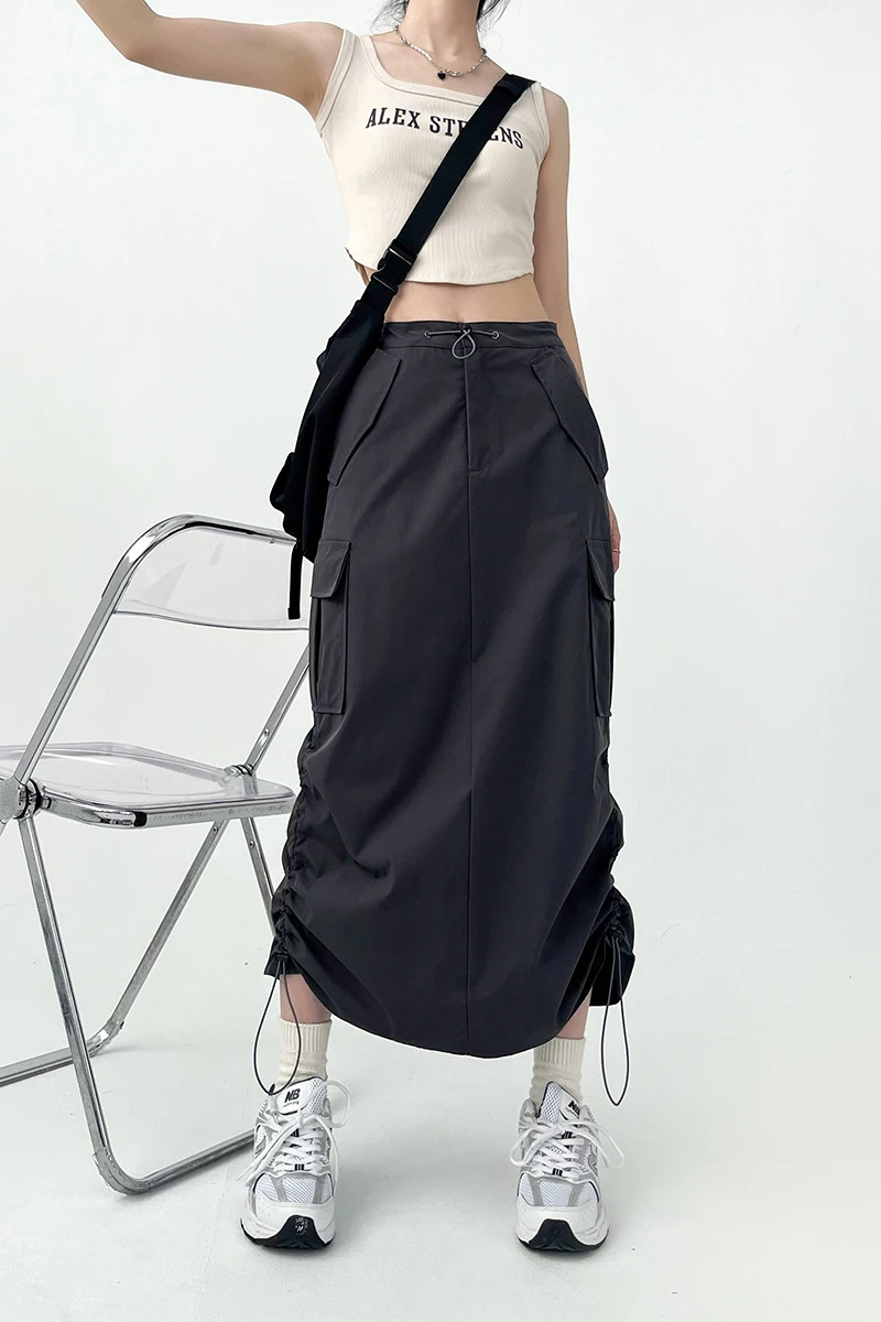 Y2K Women Retro Cargo Skirt American Pockets Bandage Slit Female High Waist Skirt Summer Streetwear All Match Ladies Mid Skirt