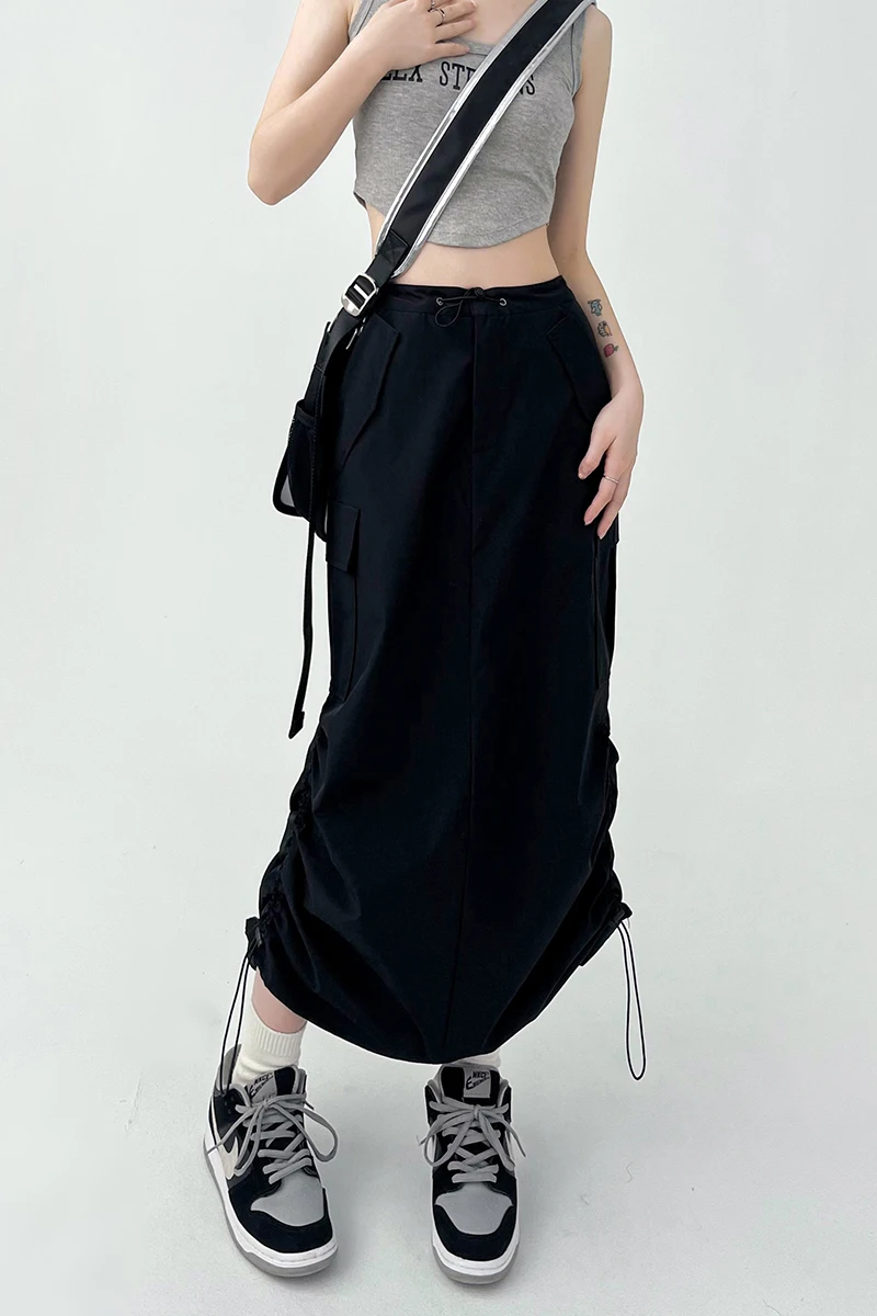 Y2K Women Retro Cargo Skirt American Pockets Bandage Slit Female High Waist Skirt Summer Streetwear All Match Ladies Mid Skirt
