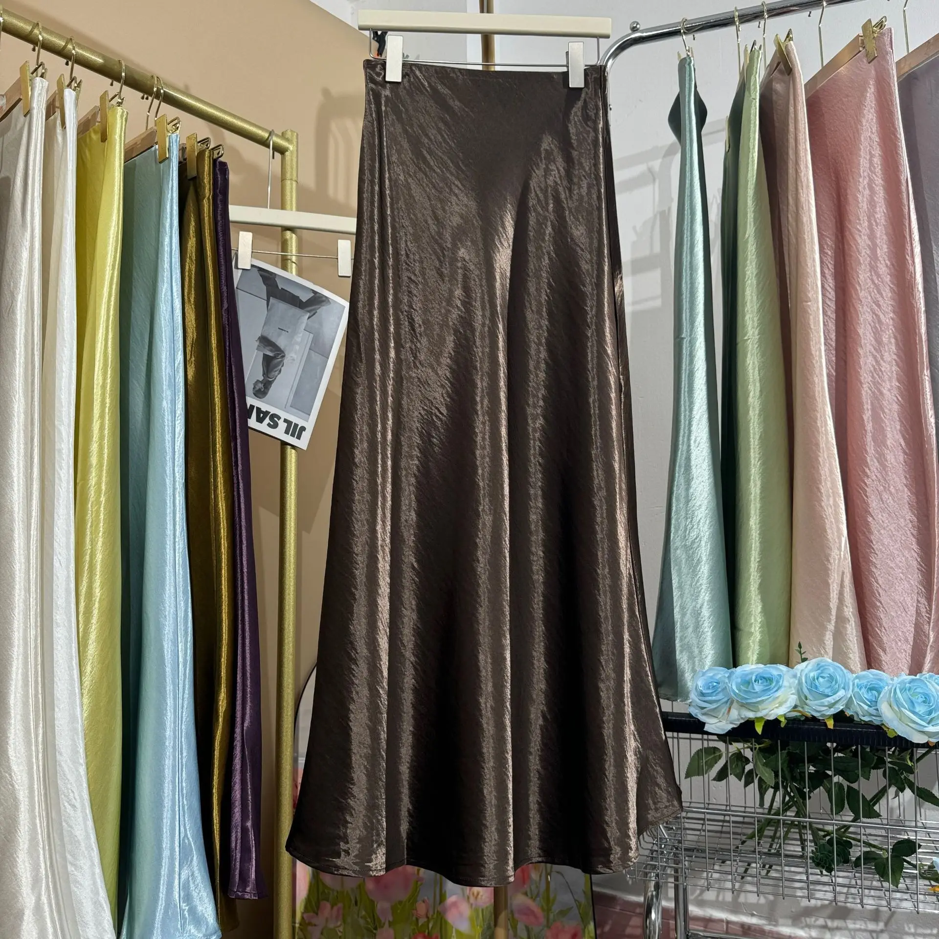 19 Colors 2026 New In Women Spring Summer Gloss Satin Long Skirts Female Fashion Elegant High Waist Faldas